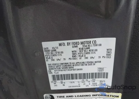 2013 Ford F-150 Platinum z USA, uszkodzony, nr VIN 1FTFW1ETXDFB72850